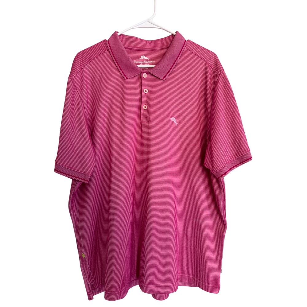 Tommy Bahama Polo Shirt XXL Pink White Stripe Marlin Logo